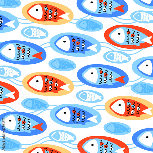 Fish pattern. Multicolored fish on multicolored ovals, waves on a white background. Stylized underwater world. Flat vector illustration.