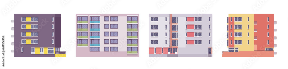 Multistorey apartment properties set, contemporary residency housing project. Construction, modern accommodation industry and urban architecture. Vector flat style cartoon illustration, modular units