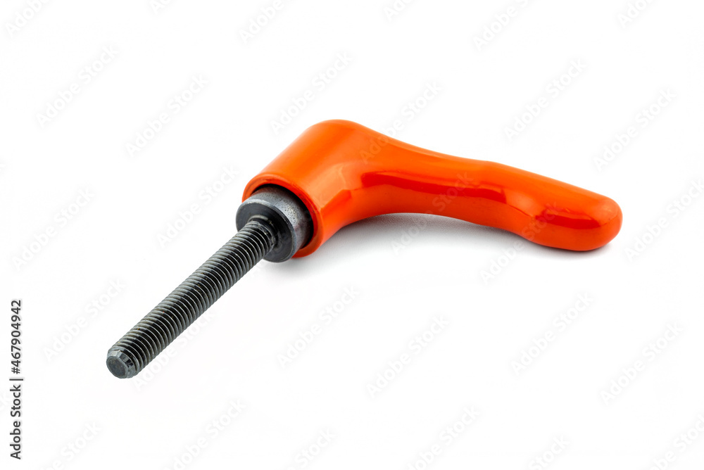 Macro photo of an orange clamping lever with black thread, isolated on a white background. Macro photo of an orange clamping lever with black thread, isolated on a white background.
