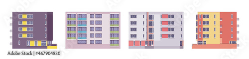 Multistorey apartment properties set, contemporary residency housing project. Construction, modern accommodation industry and urban architecture. Vector flat style cartoon illustration, modular units