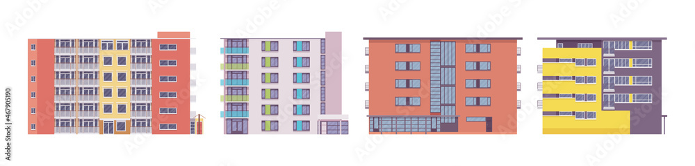 Condominium multiple building set, individually owned apartments or houses. Modern design, quality housing urban area living, real estate market. Vector flat style cartoon illustration, modular units