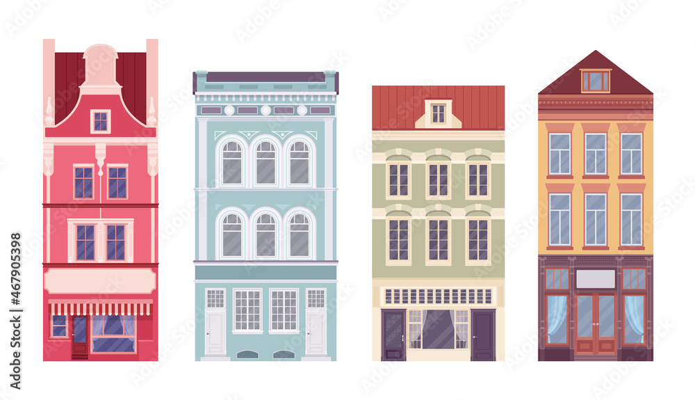 Townhouse set, apartment facades in a row. Rowhouses, architecture along city street, mansion-like attractive colorful exterior, first floor for cafe, shop rent. Vector flat style cartoon illustration