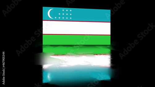 Uzbekistan Flag revealed with realistic reflection on stylish black background