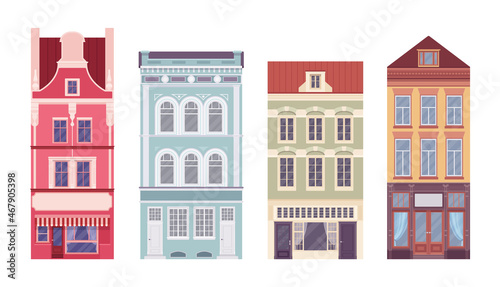 Townhouse set, apartment facades in a row. Rowhouses, architecture along city street, mansion-like attractive colorful exterior, first floor for cafe, shop rent. Vector flat style cartoon illustration