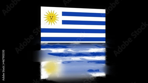 Uruguay Flag revealed with realistic reflection on stylish black background