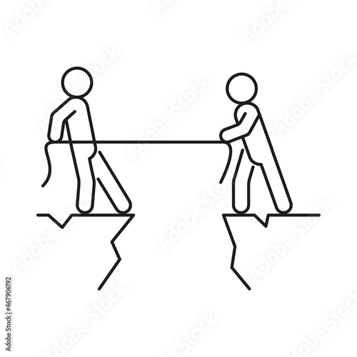 Tug of war, pull with power in their own interests, person conflict and fight. Two people on different rocks with common rope. Cliff of mountain. Vector illustration