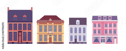 Townhouse residential building colorful traditional classic set. Condominium type residence with individual beautiful brick exterior, old town historic houses. Vector flat style cartoon illustration
