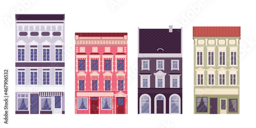 Townhouse set, terraced house multiple floors residence, row street homes architecture, city apartments and suburban area planning. Renting and urban living. Vector flat style cartoon illustration