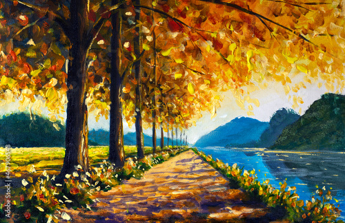 Fototapeta Naklejka Na Ścianę i Meble -  Sunny landscape oil painting on canvas