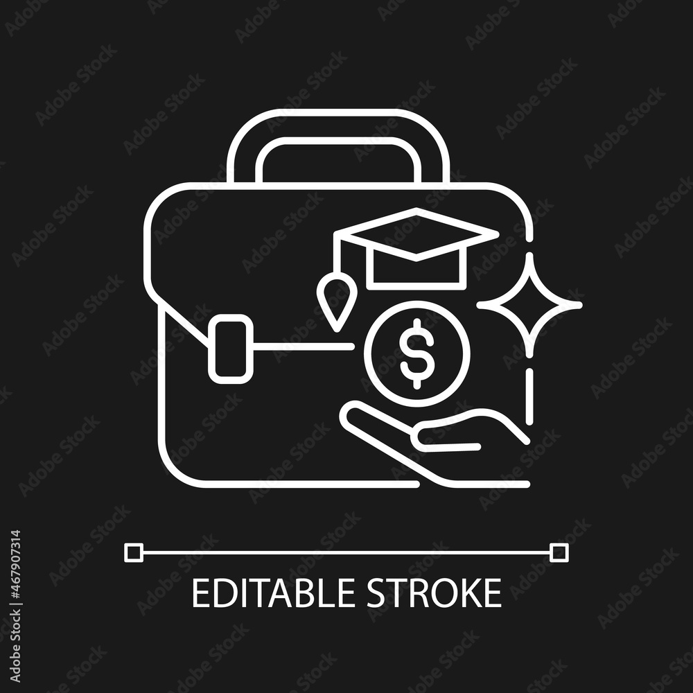 Grants for employee training white linear icon for dark theme. Small business incentives. Thin line customizable illustration. Isolated vector contour symbol for night mode. Editable stroke Grants for employee training white linear icon for dark theme. Small business incentives. Thin line customizable illustration. Isolated vector contour symbol for night mode. Editable stroke