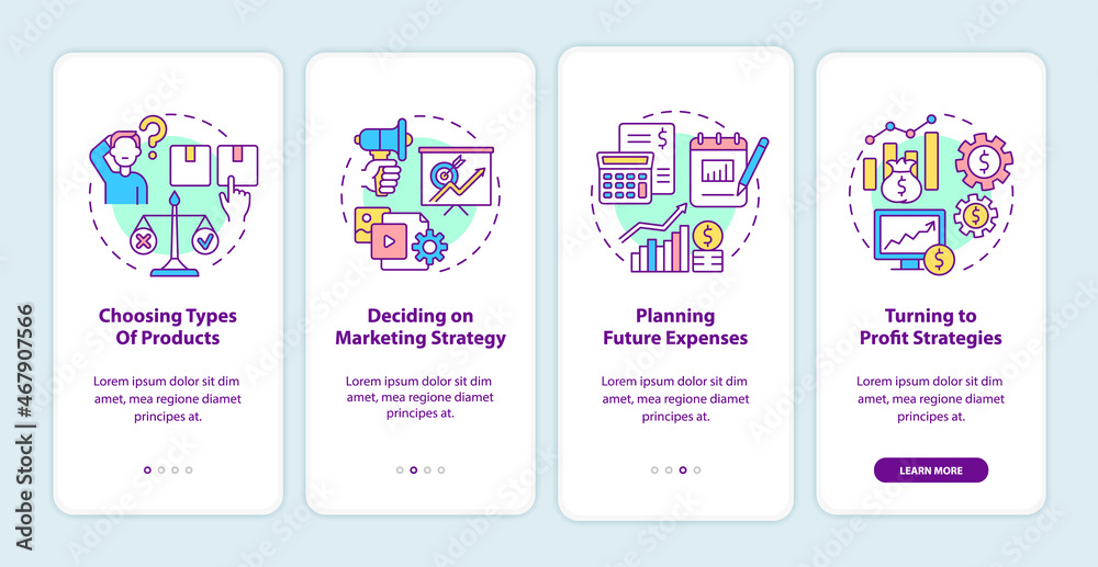 Business model onboarding mobile app page screen. Company services walkthrough 4 steps graphic instructions with concepts. UI, UX, GUI vector template with linear color illustrations