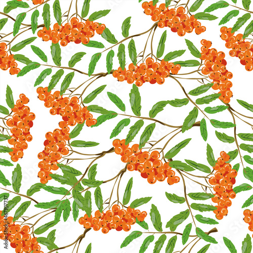 Rowan berries seamless pattern. Isolated rowan on white background. Colorful autumn pattern with rowan berries and green leaves