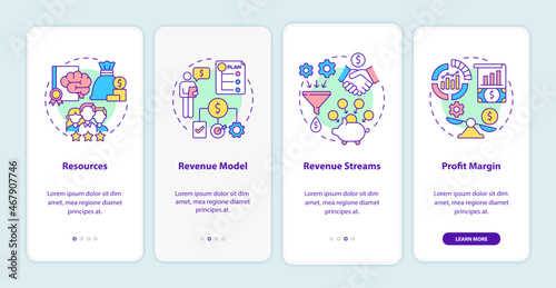 Business model essentials onboarding mobile app page screen. Company finance walkthrough 4 steps graphic instructions with concepts. UI, UX, GUI vector template with linear color illustrations