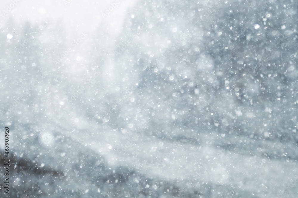 Fototapeta premium winter highway snowfall background fog poor visibility