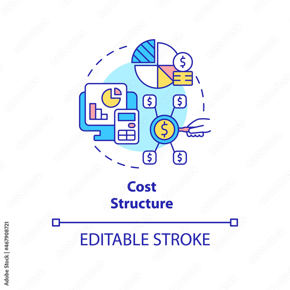 Cost structure concept icon. Analysing revenue streams and company expenses. Business model abstract idea thin line illustration. Vector isolated outline color drawing. Editable stroke Cost structure concept icon. Analysing revenue streams and company expenses. Business model abstract idea thin line illustration. Vector isolated outline color drawing. Editable stroke