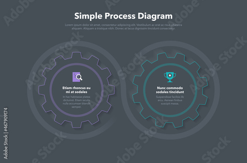 Modern gear business process diagram with 2 steps - dark version. Easy to use for your website or presentation.