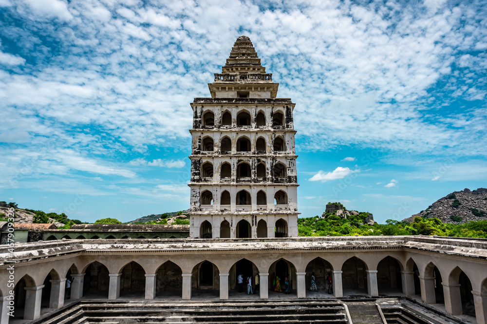 Fototapeta premium Kalyana Mahal at Gingee Fort or Senji Fort in Tamil Nadu, India. It lies in Villupuram District, built by the kings of konar dynasty and maintained by Chola dynasty. Archeological survey of india.