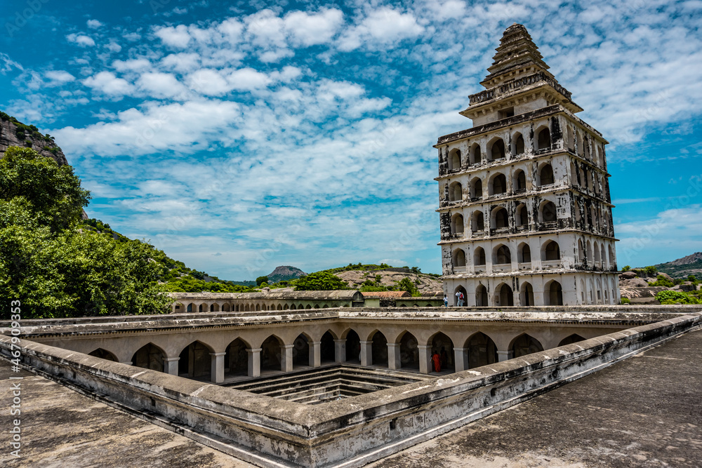 Kalyana Mahal at Gingee Fort or Senji Fort in Tamil Nadu, India. It lies in Villupuram District, built by the kings of konar dynasty and maintained by Chola dynasty. Archeological survey of india.