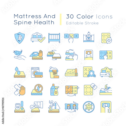 Mattress and spine health RGB color icons set. Choosing comfortable mattress. Spinal pain and ache relief. Healthy sleeping. Isolated vector illustrations. Simple filled line drawings collection