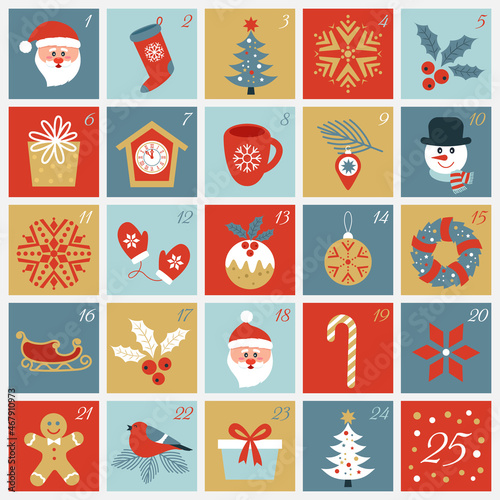 december christmas advent calendar winter card with xmas and new year symbols.