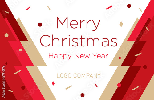 Red Christmas tree on a white background. New Year's greeting banner or card. Christmas design template with a window for text. Vector flat. Horizontal format