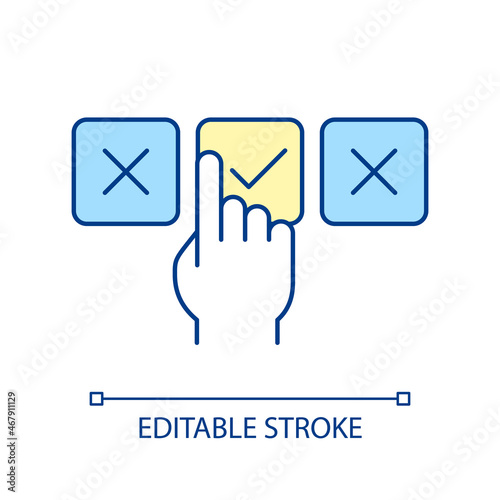 Right choice RGB color icon. Decision making. Choosing and selecting best alternative. Suitable and appropriate choice. Finger pointing. Isolated vector illustration. Simple filled line drawing