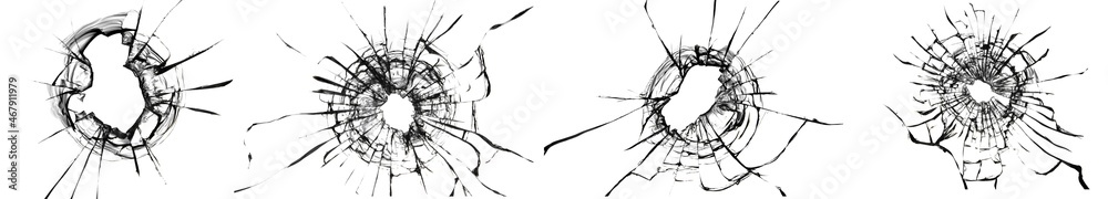 Set of illustrations of broken glass on a white background. Collection of abstract cracks on the window for design.