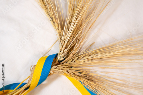 Gold wheat straws spikes bunch close-up with yellow and blue, Ukrainian national flag colors, ribbon on white cloth background. Agriculture harvest sheaf from summer field