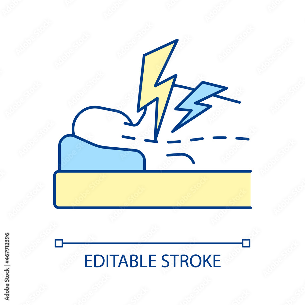 Acute back pain RGB color icon. Healthy sleeping position for ache relieving. Spine care and health. Comfortable orthopedic mattress. Isolated vector illustration. Simple filled line drawing Acute back pain RGB color icon. Healthy sleeping position for ache relieving. Spine care and health. Comfortable orthopedic mattress. Isolated vector illustration. Simple filled line drawing