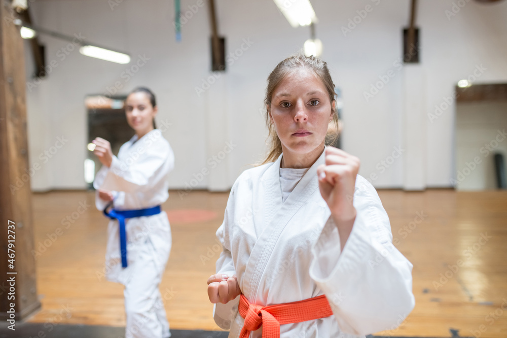 Obraz premium Motivated young women at karate training. Attractive women in white clothes with blue and red belts warming up before training. Sport, healthy lifestyle concept