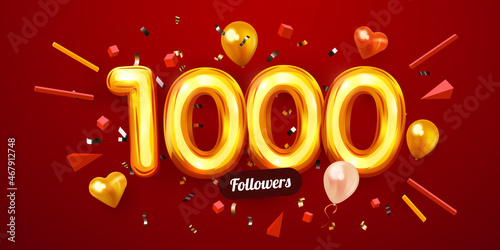 1k or 1000 followers thank you. Golden numbers, confetti and balloons. Social Network friends, followers, Web users. Subscribers, followers or likes celebration. photo