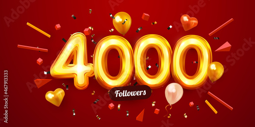 4k or 4000 followers thank you. Golden numbers, confetti and balloons. Social Network friends, followers, Web users. Subscribers, followers or likes celebration.