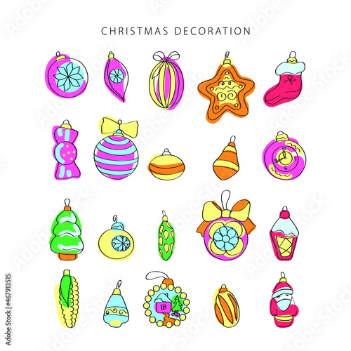 Christmas decoration line vector. Isolated icon set. Outline symbol collection. Vintage background.  Traditional holiday symbol.