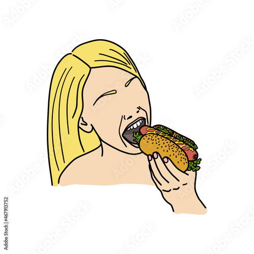 Woman eating hotdog. Girl holding a hot dog. Fast food concept. Vector illustration.
