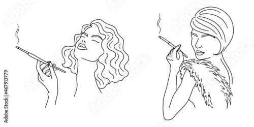 Retro woman with cigarette. Fashion lady outline sketch. Vintage smoking girl. Vector illustration.
