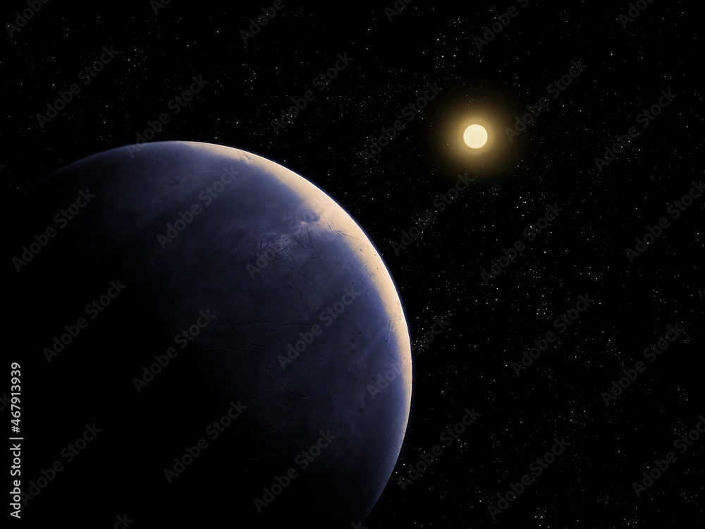 Earth-like planet near the star. Super-earth with atmosphere near the sun 3d illustration.