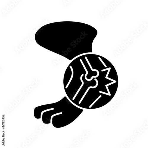 Arthritis black glyph icon. Joints inflammation. Hips and elbows affecting illness. Pet animal disease. Lameness and stiffness symptoms. Silhouette symbol on white space. Vector isolated illustration