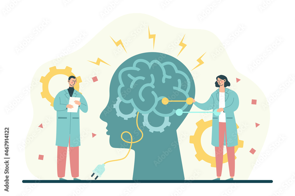 Inspiration and memory improvement. Specialists examine head. Employees near silhouette. Metaphor of scientific activity. Patient came to doctors, treatment. Cartoon flat vector illustration