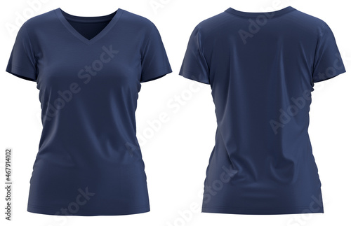 [ NAVY ] 3D rendering T-shirt V Neck Short Sleeve Front and Back