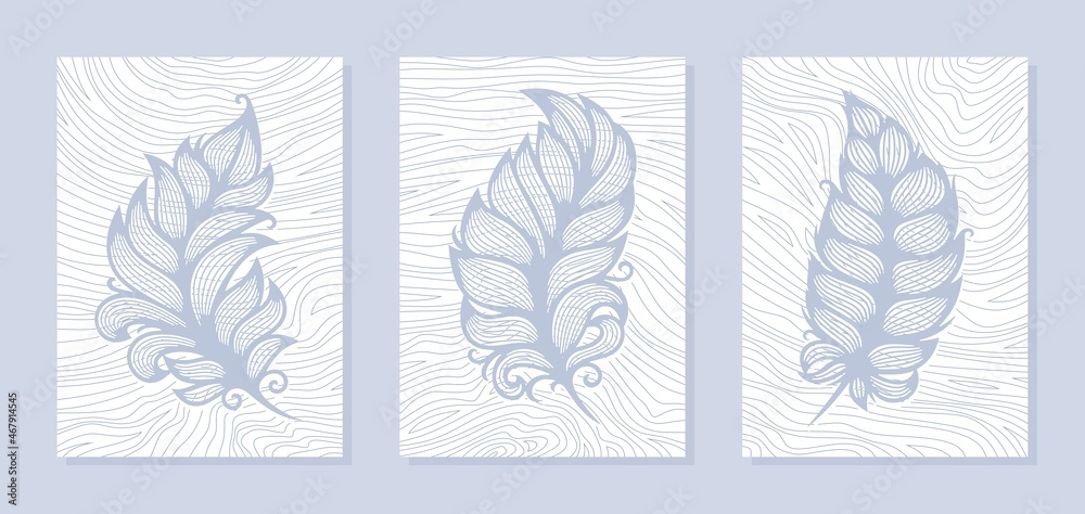 Set of three abstract posters. Blue decorative fluffy feathers on a white striped background of thin lines. Stylish decoration of the interior of an office, apartment, studio. Vector illustration.