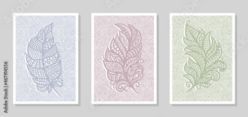 Set of three paintings. Lace leaves, openwork feathers, creative ornament on linen canvas background. Collection of posters in pastel colors to decorate the interior of an office, studio, apartment.