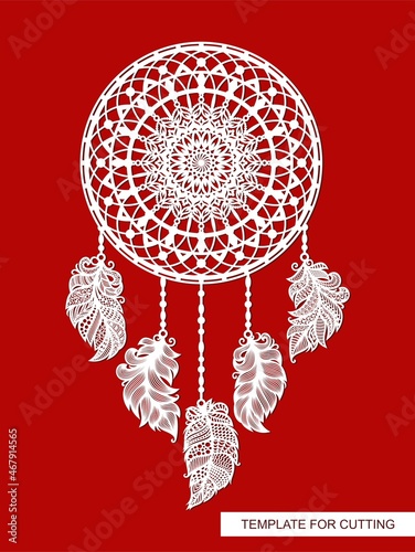 Decorative dream catcher. Indian traditional amulet against evil spirits. Round openwork element decorated with feathers. Template for plotter laser cutting of paper, metal engraving, wood carving.