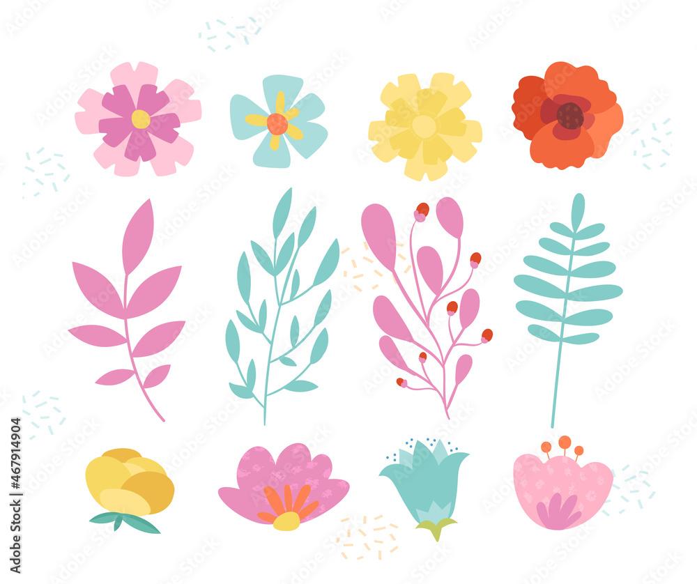 Set of cute flowers. Collection of images for printing on fabric. Bright patterns, multicolored images. Nature, plants, floral. Cartoon flat vector illustrations isolated on white background