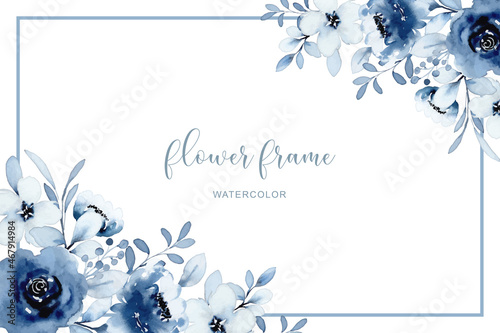 Blue white flower frame with watercolor