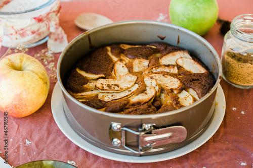Close up of a rustic freshly baked apple cake with ingredients