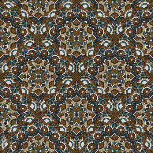 Abstract seamless mandala background. Texture in brown and blue colors. Oriental pattern for design  fashion print  scrapbooking