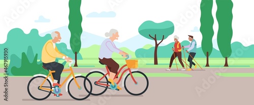 Elderly people sport. Pensioners couple riding bicycles in park. Senior pair engaged Scandinavian walking. Healthy lifestyle. Grandparents training. Outdoor recreation. Vector concept