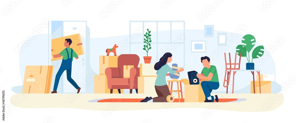 Packing home things. Married couple puts furniture in boxes. House moving. Family relocation preparation. People sort household. Property transportation and delivery. Vector concept
