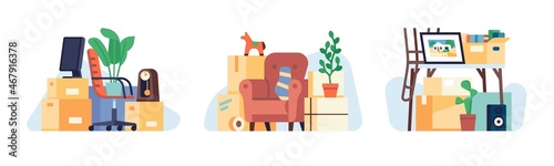 Cardboard boxes with household things. Packed furniture and electronics. Plants and toys. Stacks of containers. Cargo transportation. Moving preparation. Home relocation. Vector concept