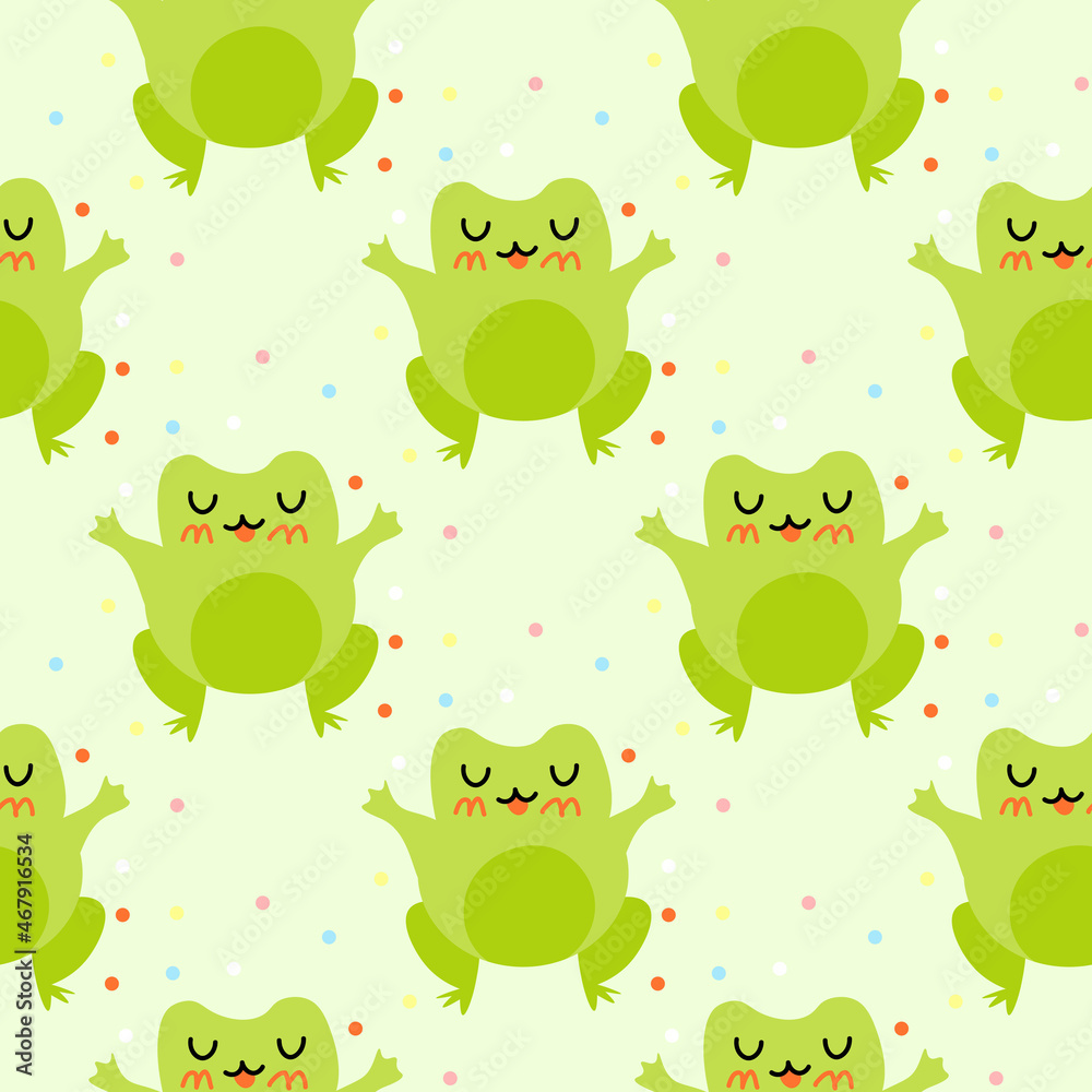 Cute cartoon frogs with confetti. Enamored green toads. Vector animal characters seamless pattern of amphibian toad drawing.Childish design for baby clothes, bedding, textiles, print, wallpaper.